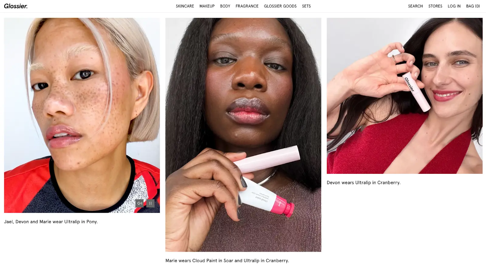 Beauty brand Glossier's website hompage, which utilises a lot of influencer generated content